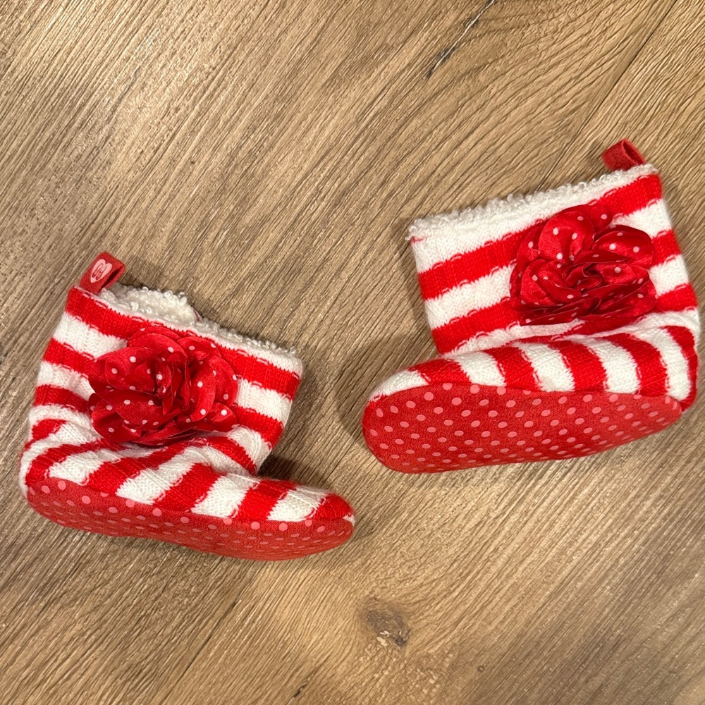 Red Stripe Floral Bootie Slippers for Baby